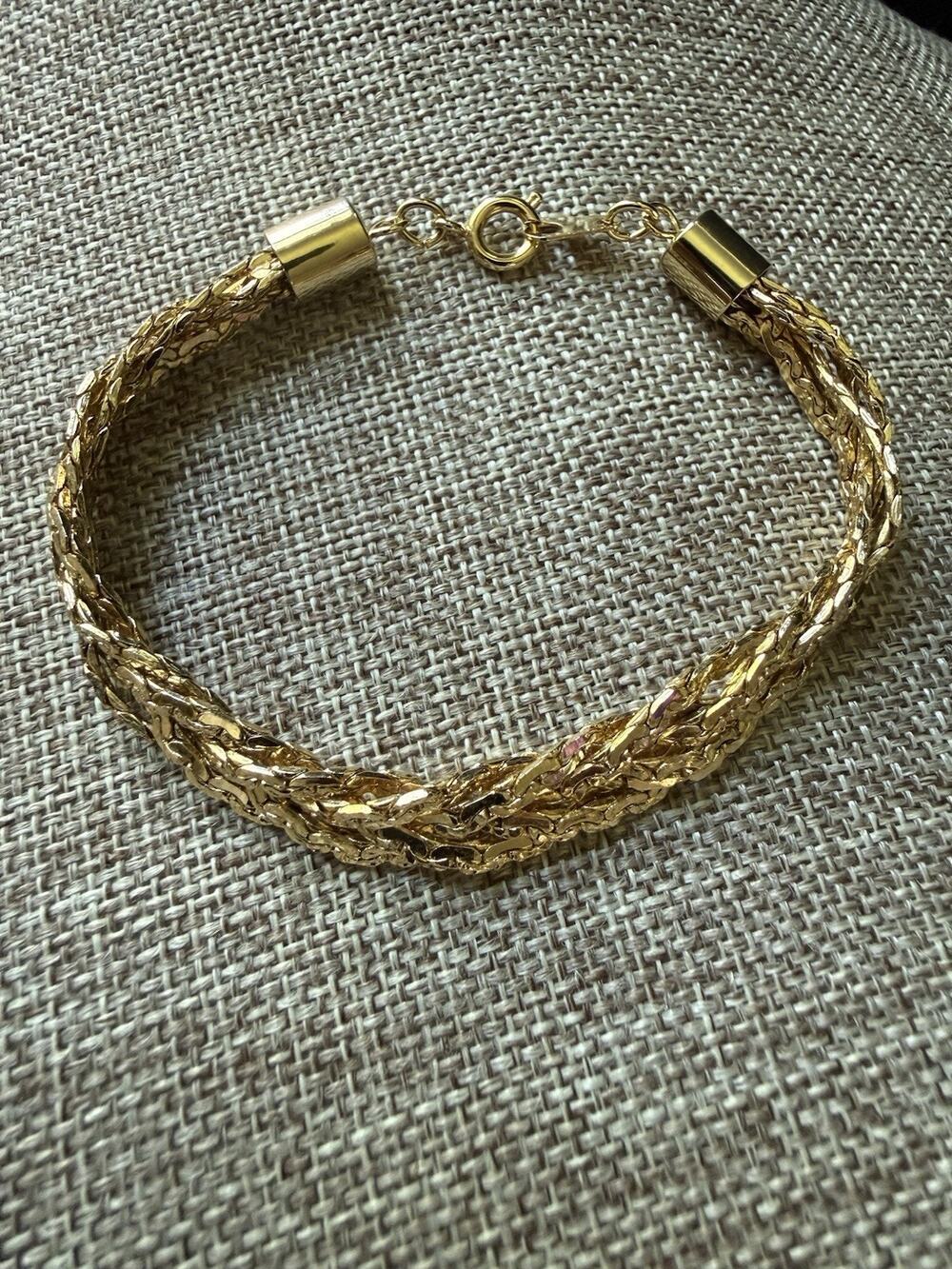 Vintage Braided Diamond Cut Rope Bracelet Braided Gold Tone 7” Classic Capsule